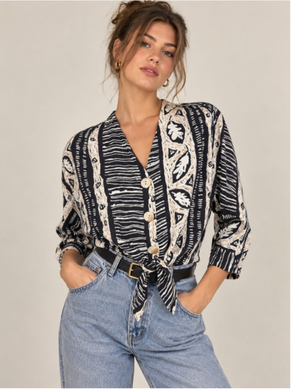 Sharon Anthony Vintage Tribal Print Crop Top - Tie Front 90s Boho M